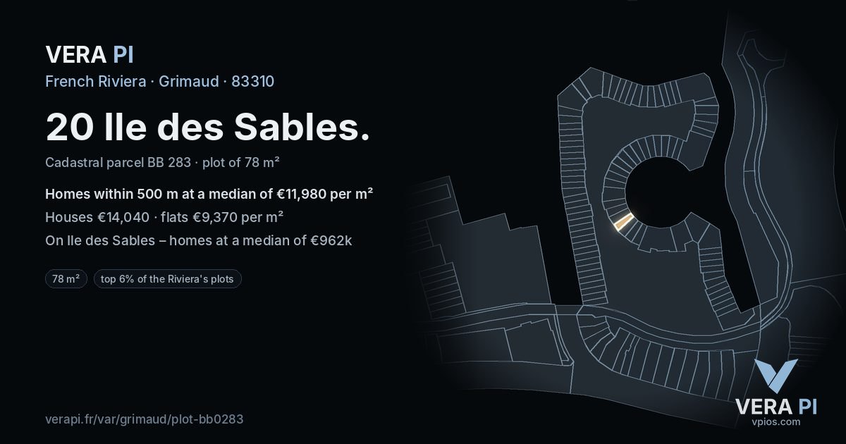 20 Ile des Sables, Grimaud at night – the plot lit, the parcels around coloured by the prices near them