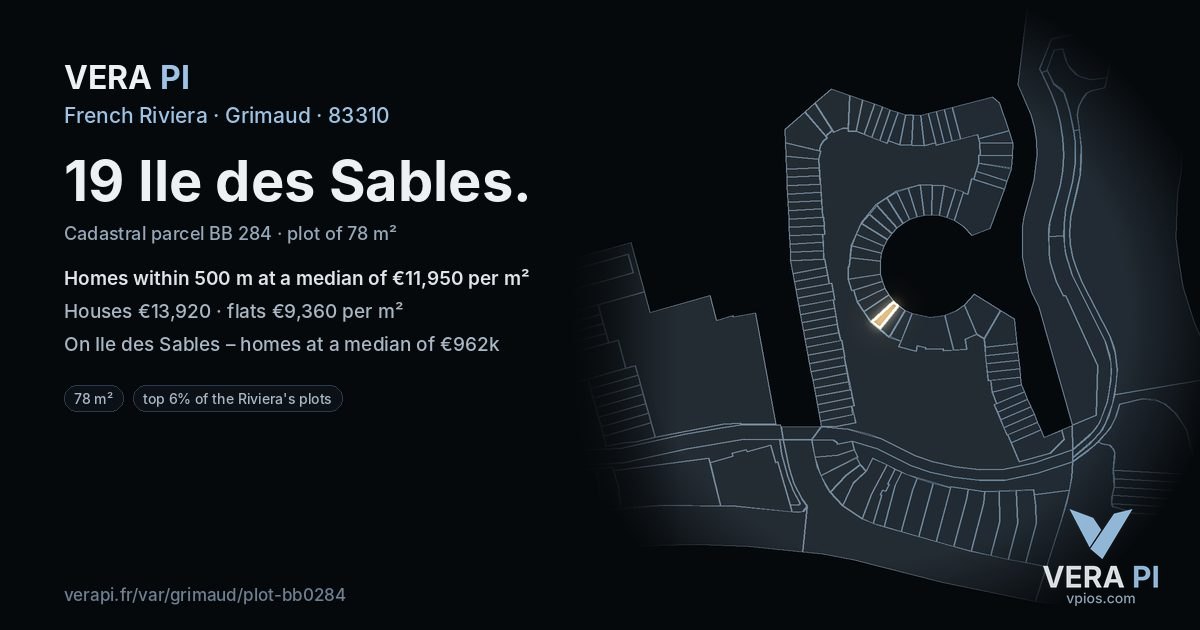 19 Ile des Sables, Grimaud at night – the plot lit, the parcels around coloured by the prices near them