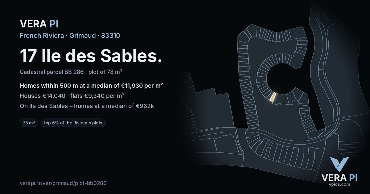 17 Ile des Sables, Grimaud at night – the plot lit, the parcels around coloured by the prices near them