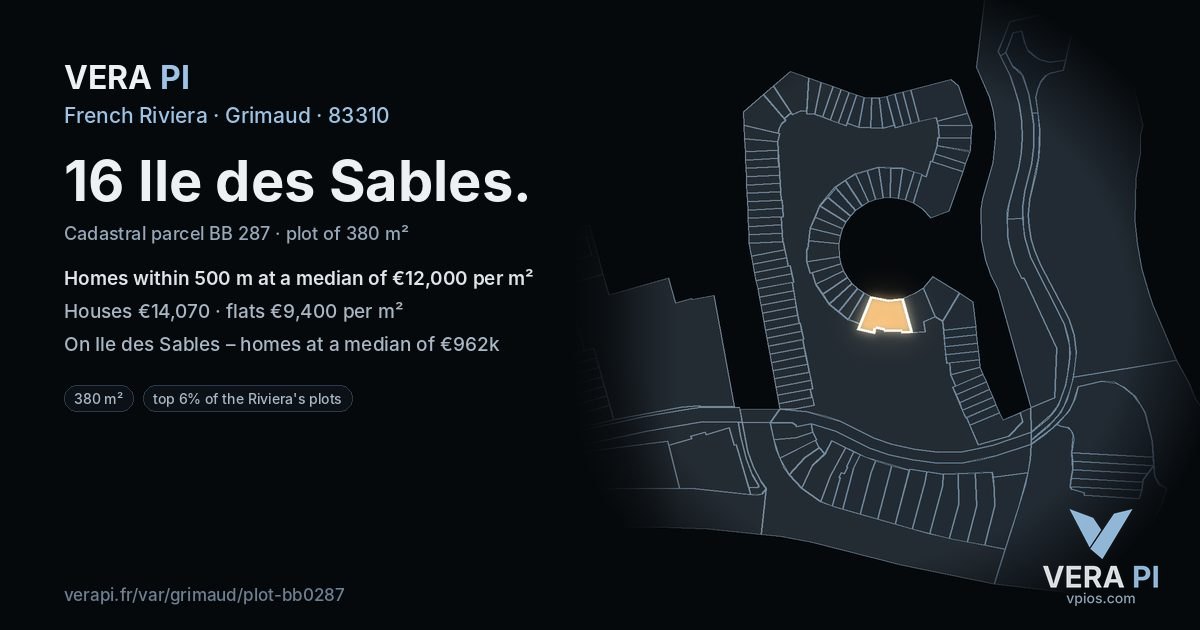 16 Ile des Sables, Grimaud at night – the plot lit, the parcels around coloured by the prices near them