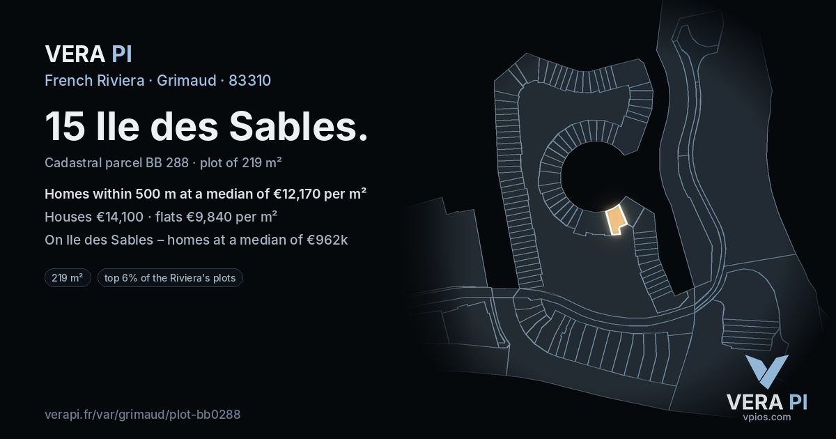 15 Ile des Sables, Grimaud at night – the plot lit, the parcels around coloured by the prices near them