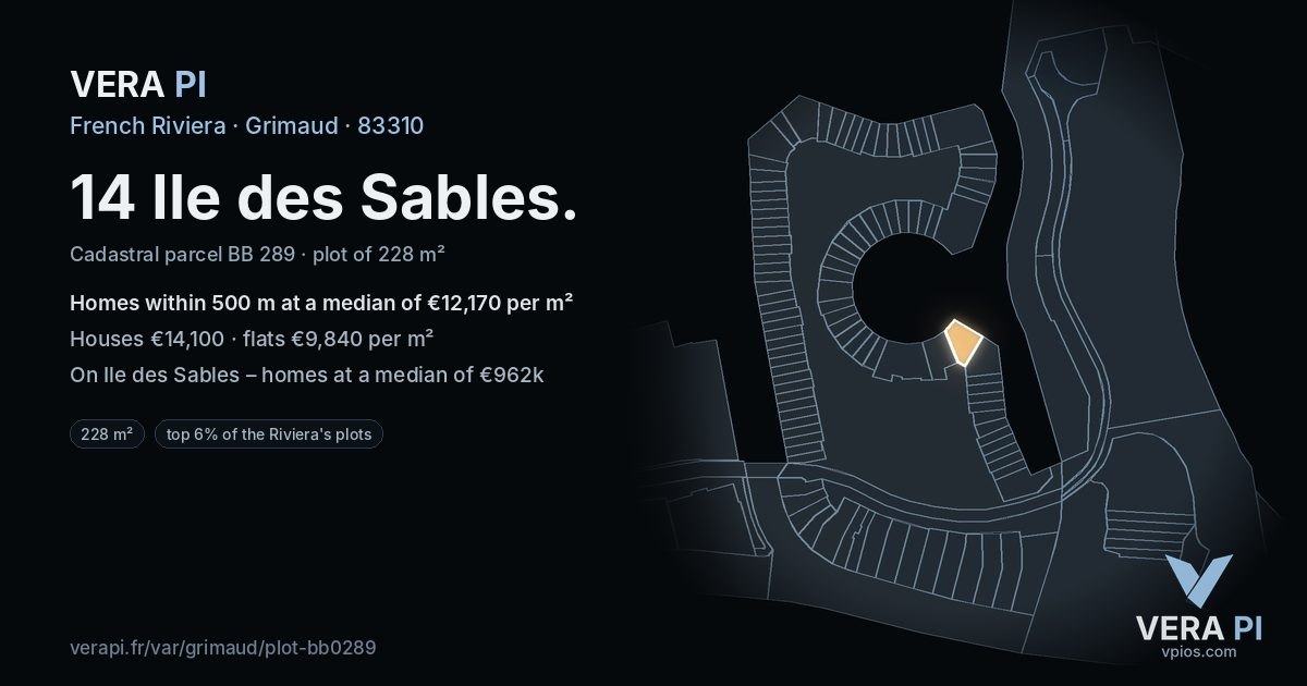 14 Ile des Sables, Grimaud at night – the plot lit, the parcels around coloured by the prices near them