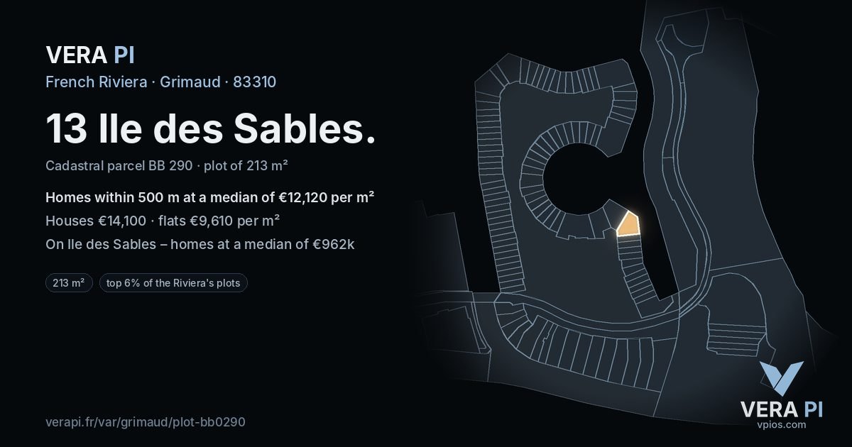 13 Ile des Sables, Grimaud at night – the plot lit, the parcels around coloured by the prices near them