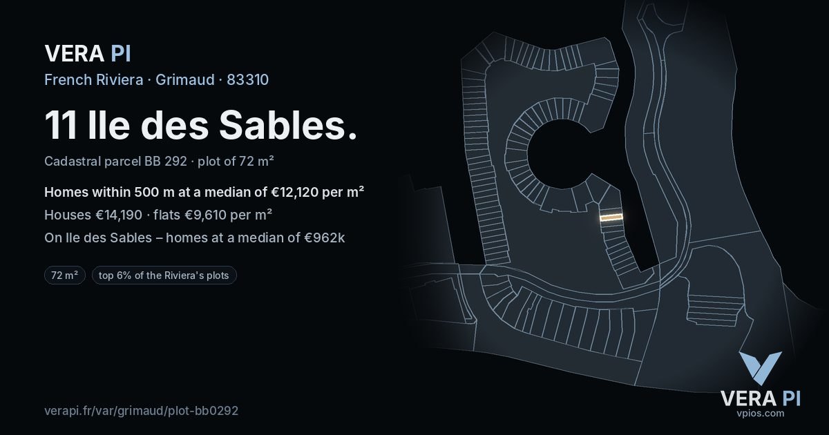11 Ile des Sables, Grimaud at night – the plot lit, the parcels around coloured by the prices near them