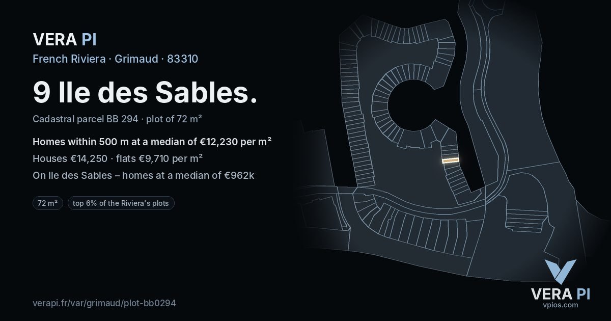 9 Ile des Sables, Grimaud at night – the plot lit, the parcels around coloured by the prices near them