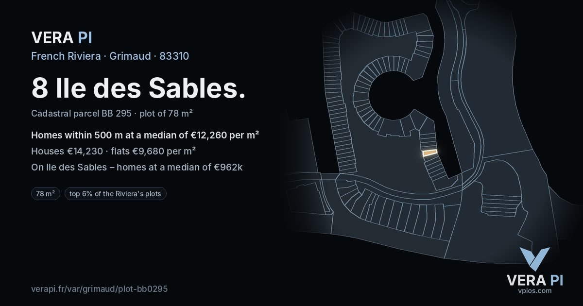 8 Ile des Sables, Grimaud at night – the plot lit, the parcels around coloured by the prices near them