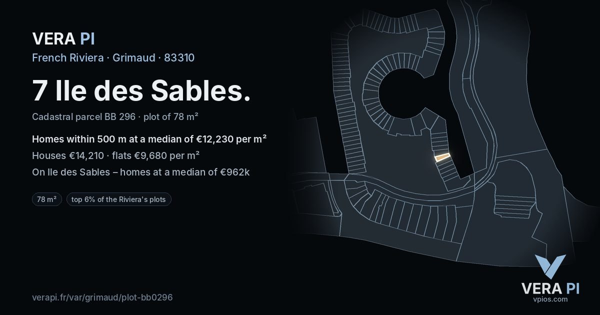 7 Ile des Sables, Grimaud at night – the plot lit, the parcels around coloured by the prices near them