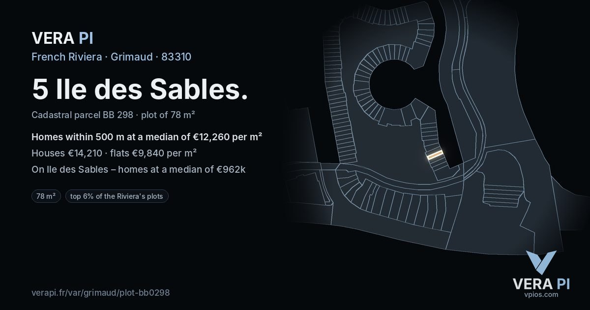 5 Ile des Sables, Grimaud at night – the plot lit, the parcels around coloured by the prices near them