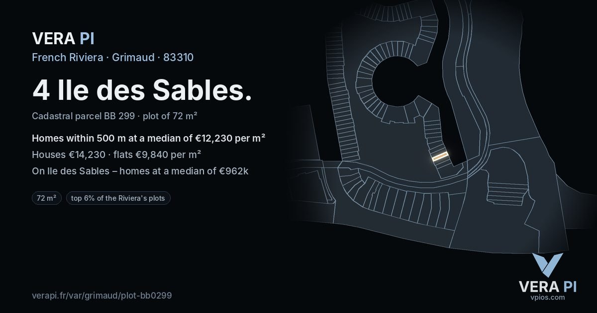 4 Ile des Sables, Grimaud at night – the plot lit, the parcels around coloured by the prices near them