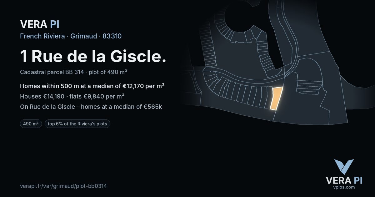 1 Rue de la Giscle, Grimaud at night – the plot lit, the parcels around coloured by the prices near them