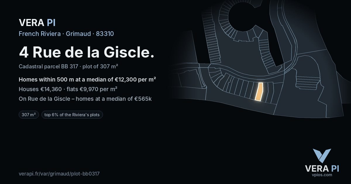4 Rue de la Giscle, Grimaud at night – the plot lit, the parcels around coloured by the prices near them