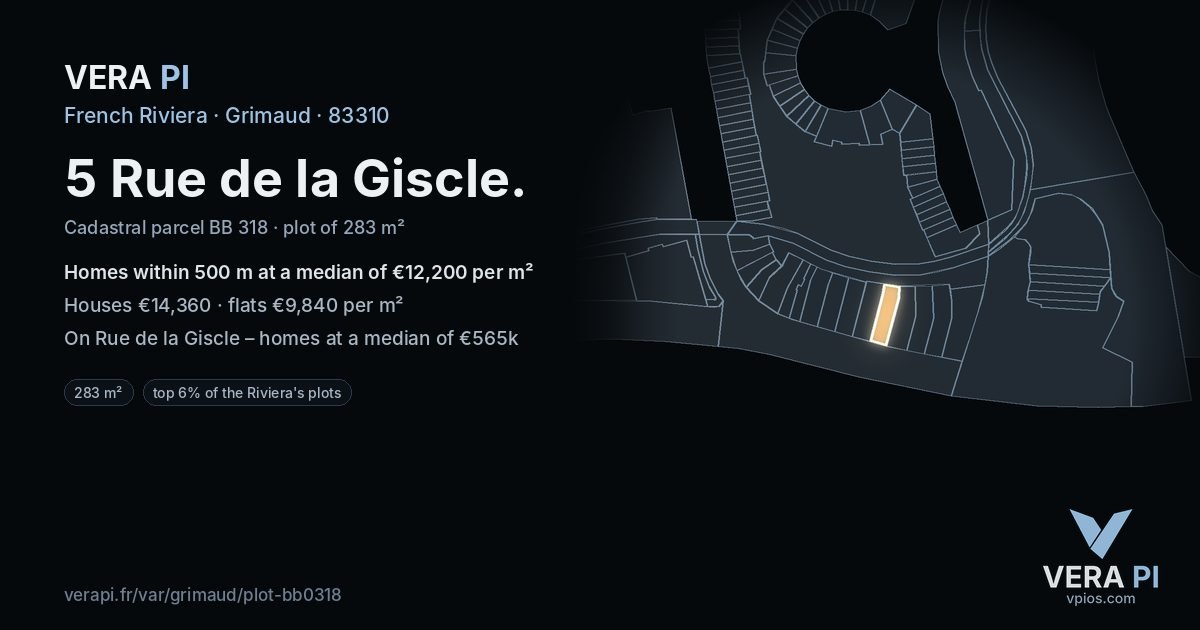 5 Rue de la Giscle, Grimaud at night – the plot lit, the parcels around coloured by the prices near them