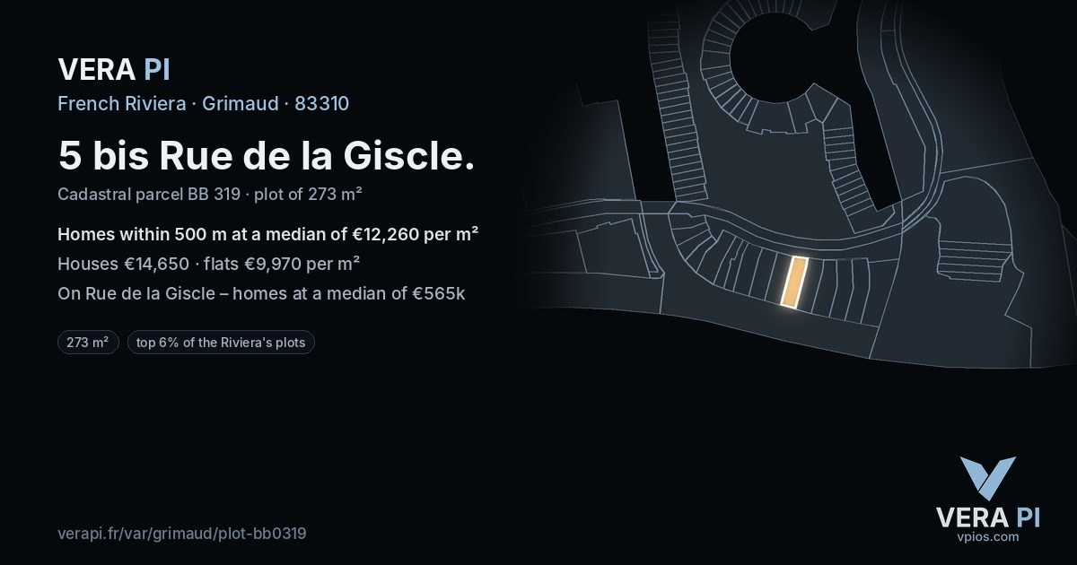 5 bis Rue de la Giscle, Grimaud at night – the plot lit, the parcels around coloured by the prices near them