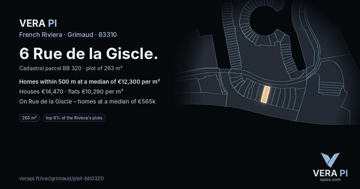 6 Rue de la Giscle, Grimaud at night – the plot lit, the parcels around coloured by the prices near them