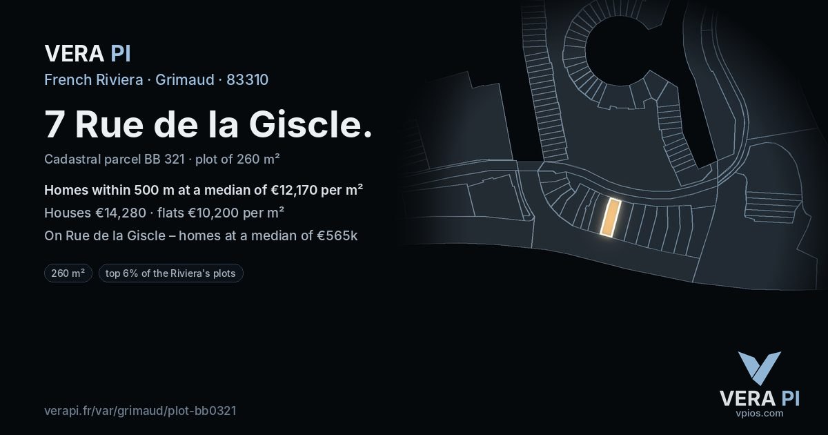 7 Rue de la Giscle, Grimaud at night – the plot lit, the parcels around coloured by the prices near them