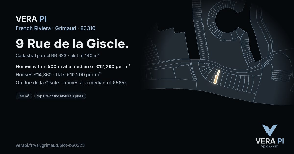 9 Rue de la Giscle, Grimaud at night – the plot lit, the parcels around coloured by the prices near them