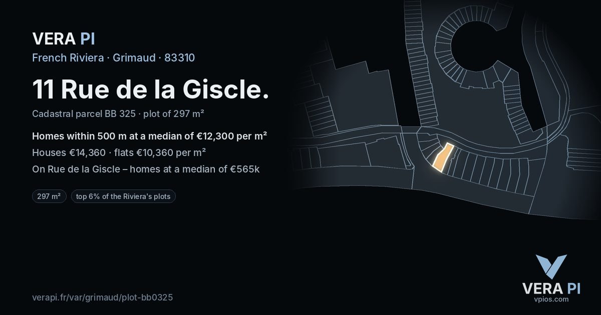 11 Rue de la Giscle, Grimaud at night – the plot lit, the parcels around coloured by the prices near them