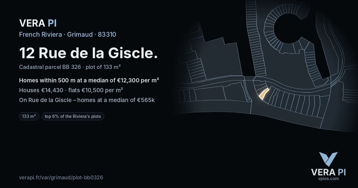 12 Rue de la Giscle, Grimaud at night – the plot lit, the parcels around coloured by the prices near them