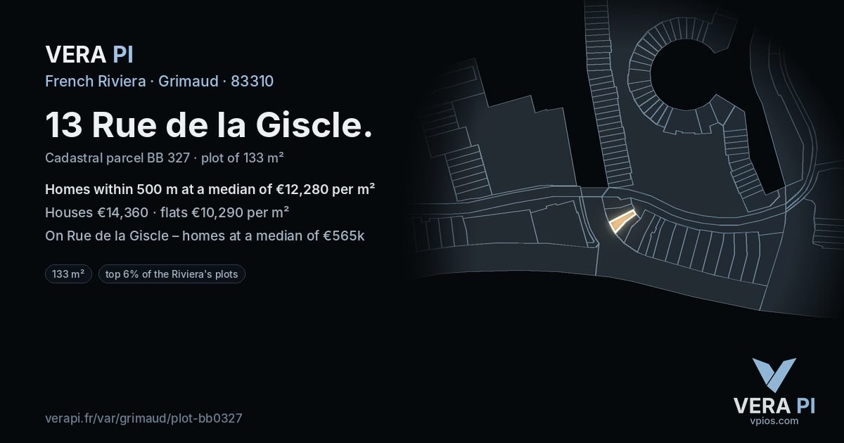 13 Rue de la Giscle, Grimaud at night – the plot lit, the parcels around coloured by the prices near them