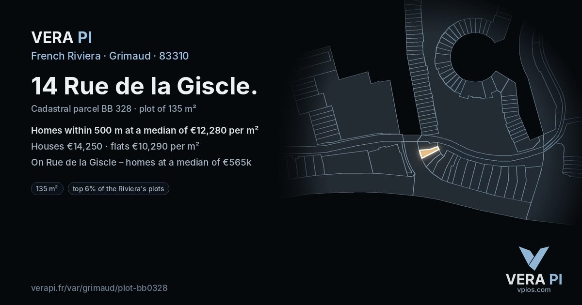 14 Rue de la Giscle, Grimaud at night – the plot lit, the parcels around coloured by the prices near them