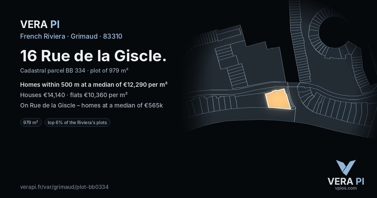 16 Rue de la Giscle, Grimaud at night – the plot lit, the parcels around coloured by the prices near them