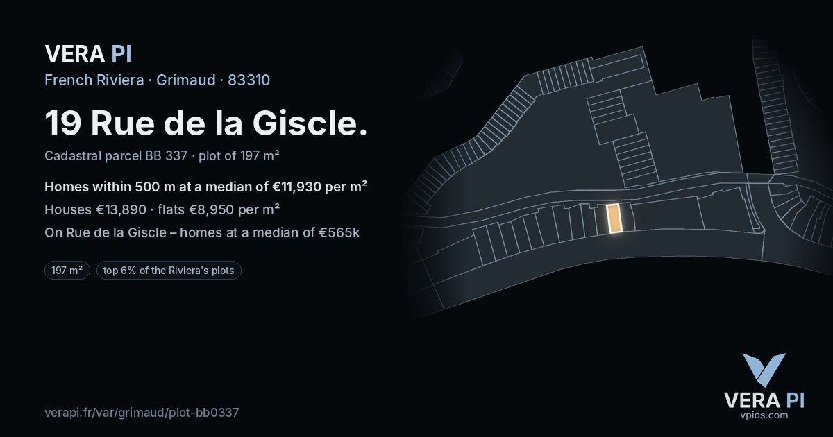 19 Rue de la Giscle, Grimaud at night – the plot lit, the parcels around coloured by the prices near them