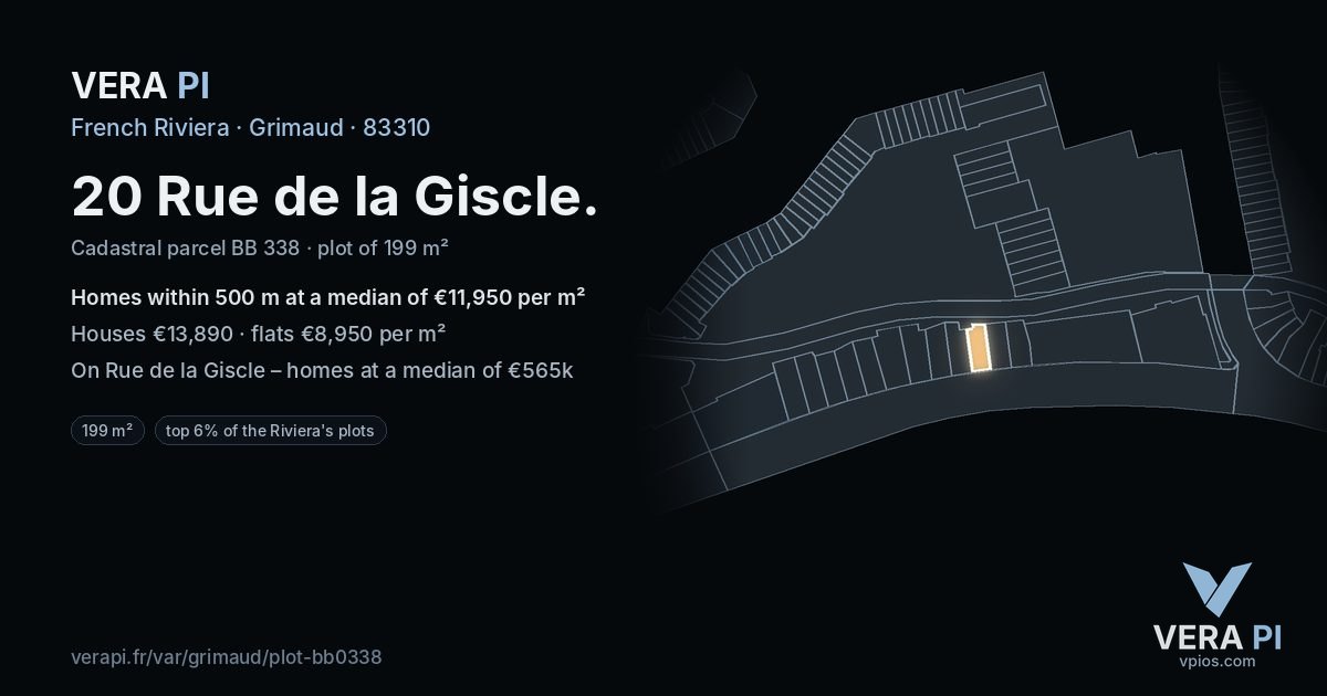 20 Rue de la Giscle, Grimaud at night – the plot lit, the parcels around coloured by the prices near them