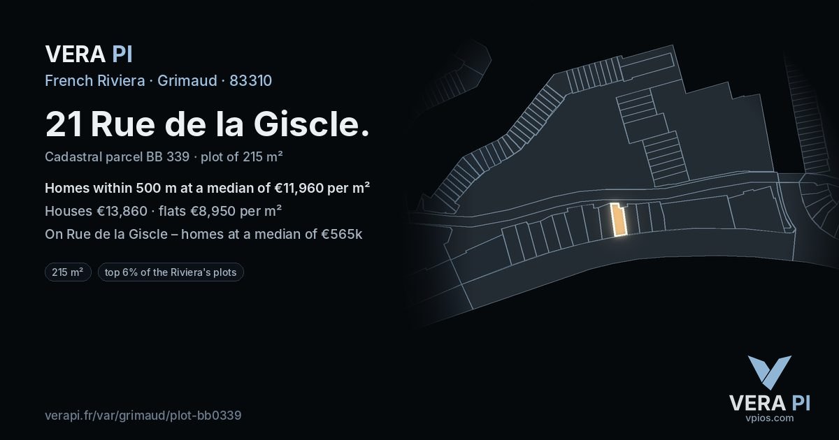 21 Rue de la Giscle, Grimaud at night – the plot lit, the parcels around coloured by the prices near them