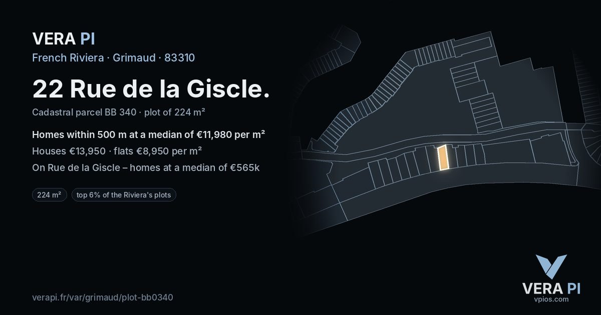 22 Rue de la Giscle, Grimaud at night – the plot lit, the parcels around coloured by the prices near them