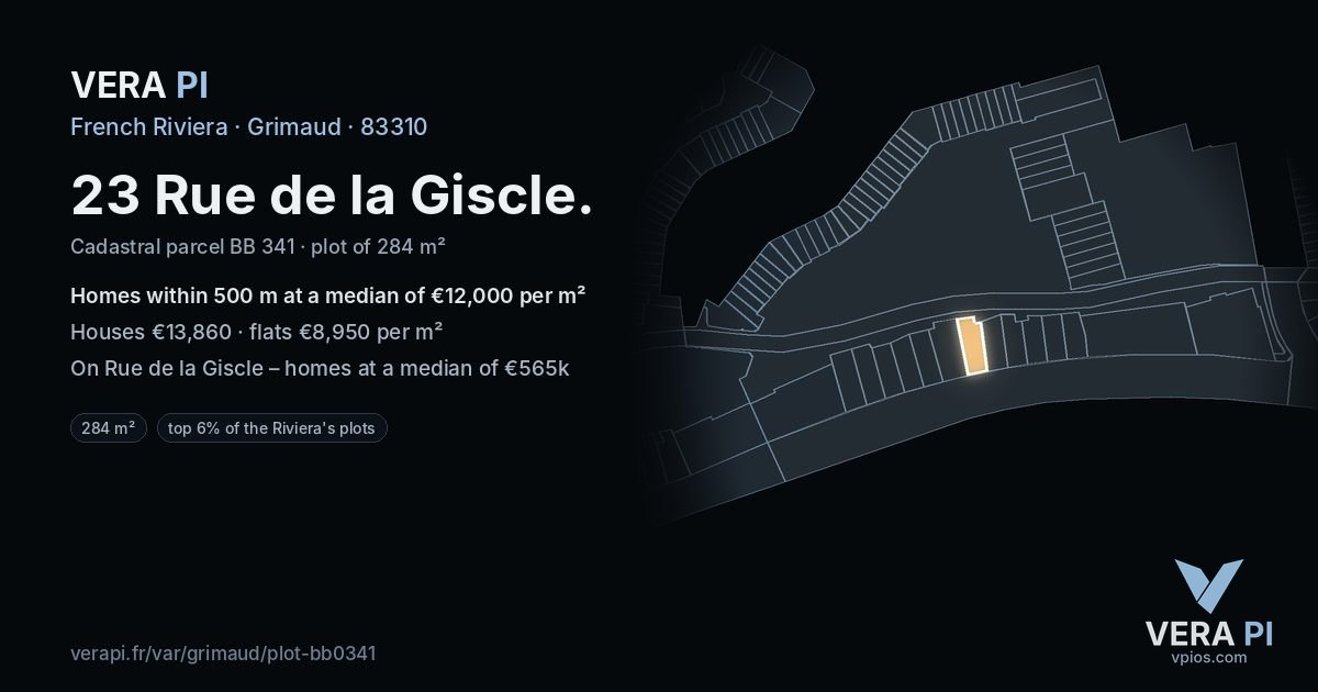 23 Rue de la Giscle, Grimaud at night – the plot lit, the parcels around coloured by the prices near them