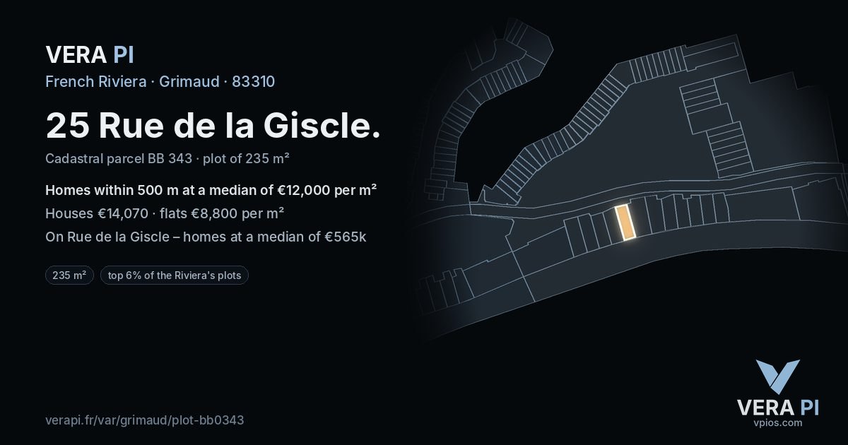 25 Rue de la Giscle, Grimaud at night – the plot lit, the parcels around coloured by the prices near them