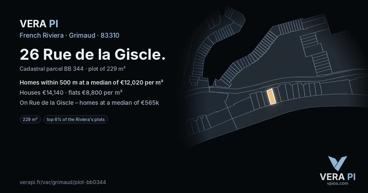26 Rue de la Giscle, Grimaud at night – the plot lit, the parcels around coloured by the prices near them