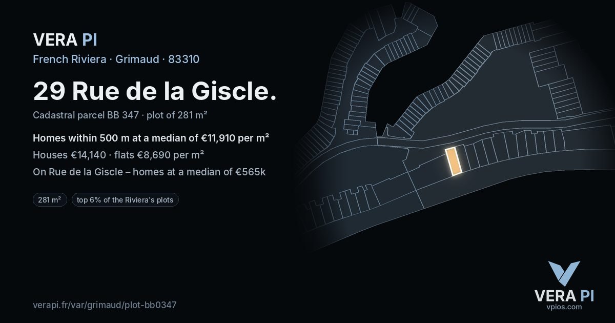 29 Rue de la Giscle, Grimaud at night – the plot lit, the parcels around coloured by the prices near them