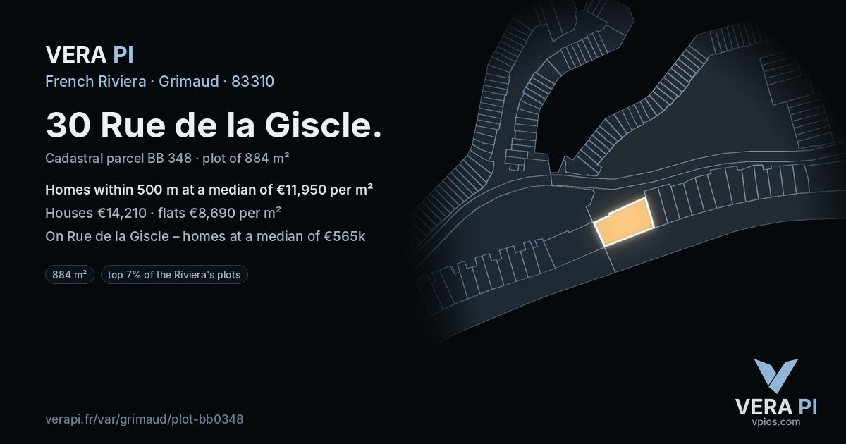 30 Rue de la Giscle, Grimaud at night – the plot lit, the parcels around coloured by the prices near them