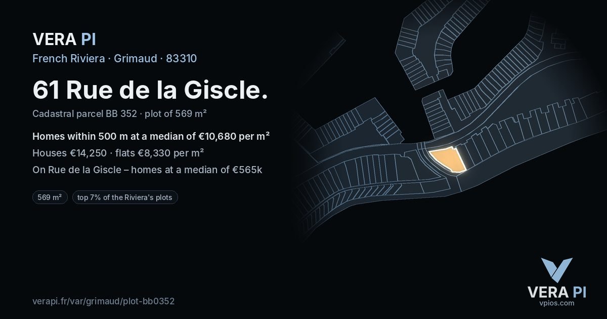 61 Rue de la Giscle, Grimaud at night – the plot lit, the parcels around coloured by the prices near them