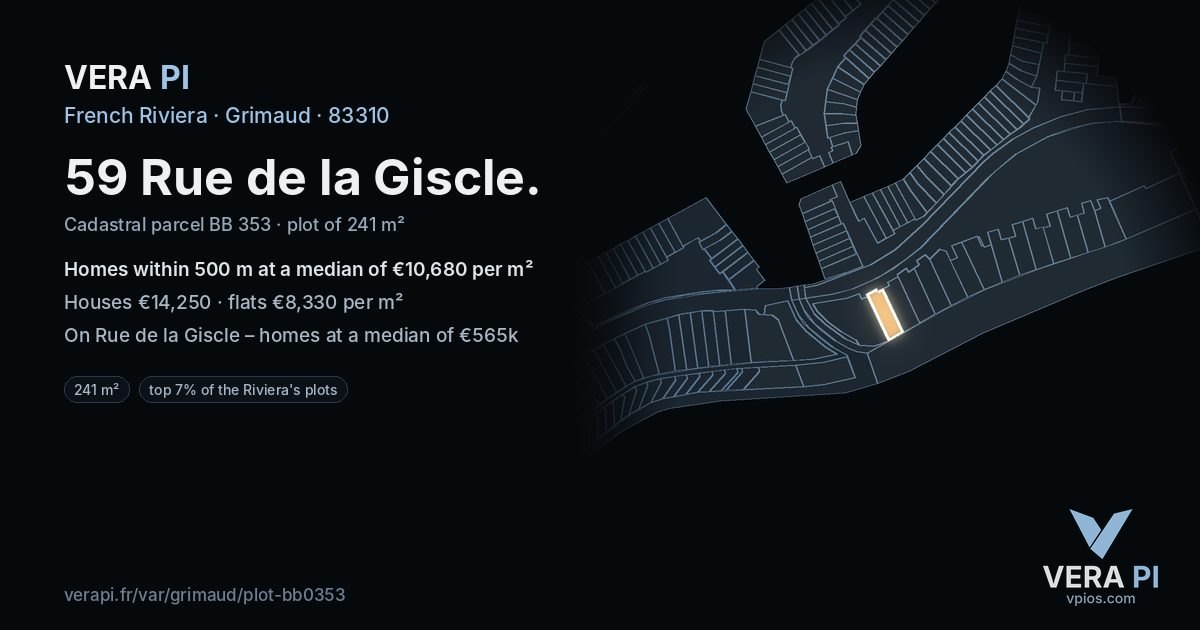 59 Rue de la Giscle, Grimaud at night – the plot lit, the parcels around coloured by the prices near them