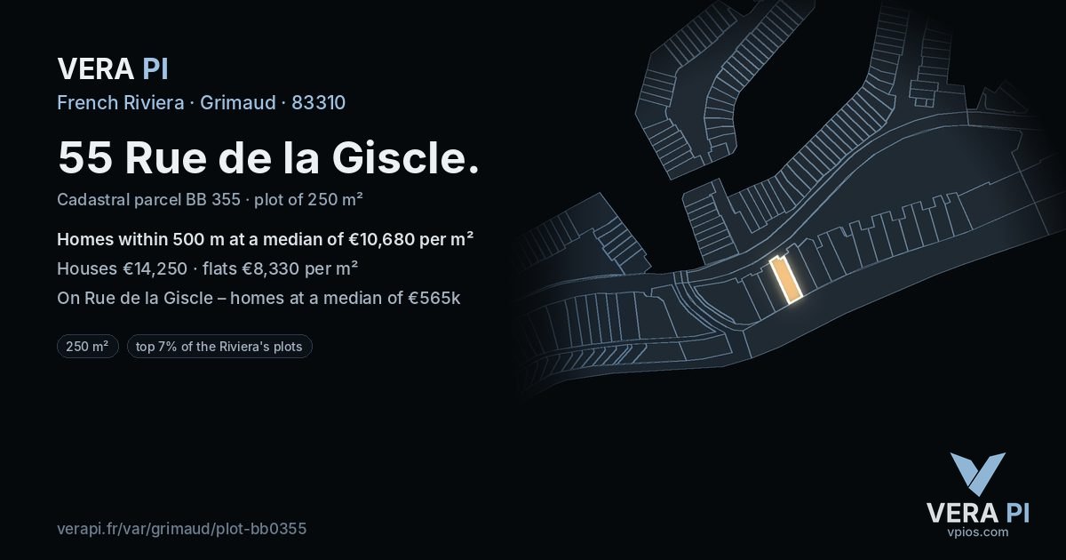 55 Rue de la Giscle, Grimaud at night – the plot lit, the parcels around coloured by the prices near them