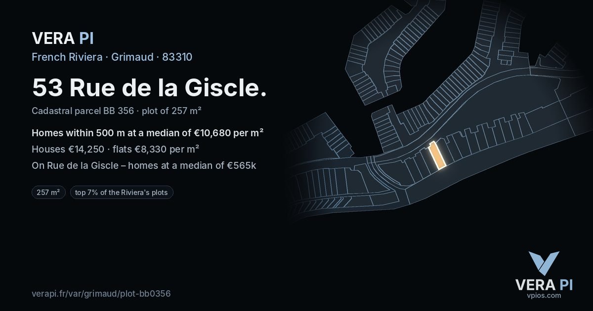 53 Rue de la Giscle, Grimaud at night – the plot lit, the parcels around coloured by the prices near them