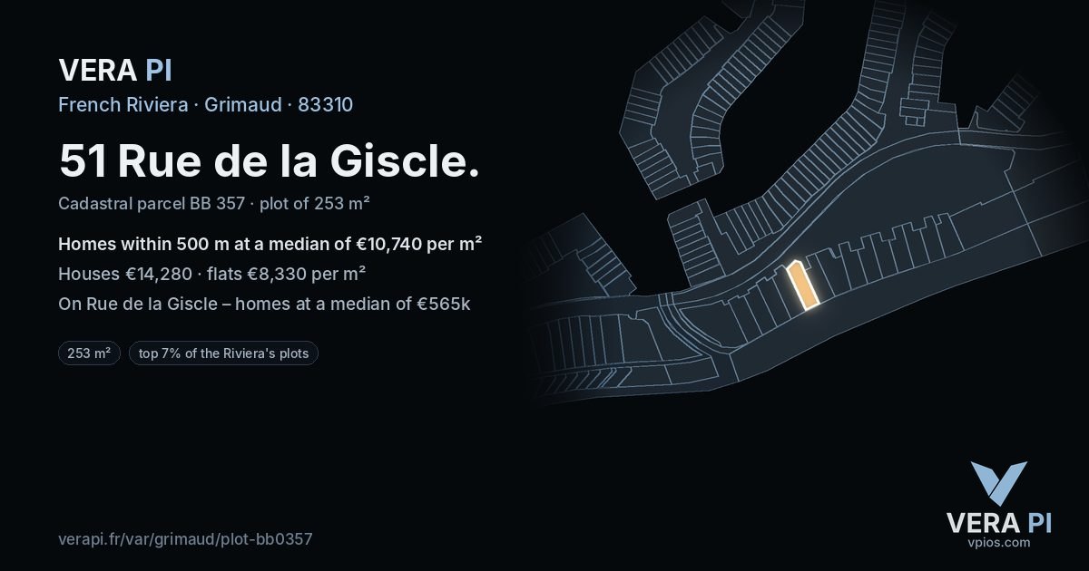 51 Rue de la Giscle, Grimaud at night – the plot lit, the parcels around coloured by the prices near them