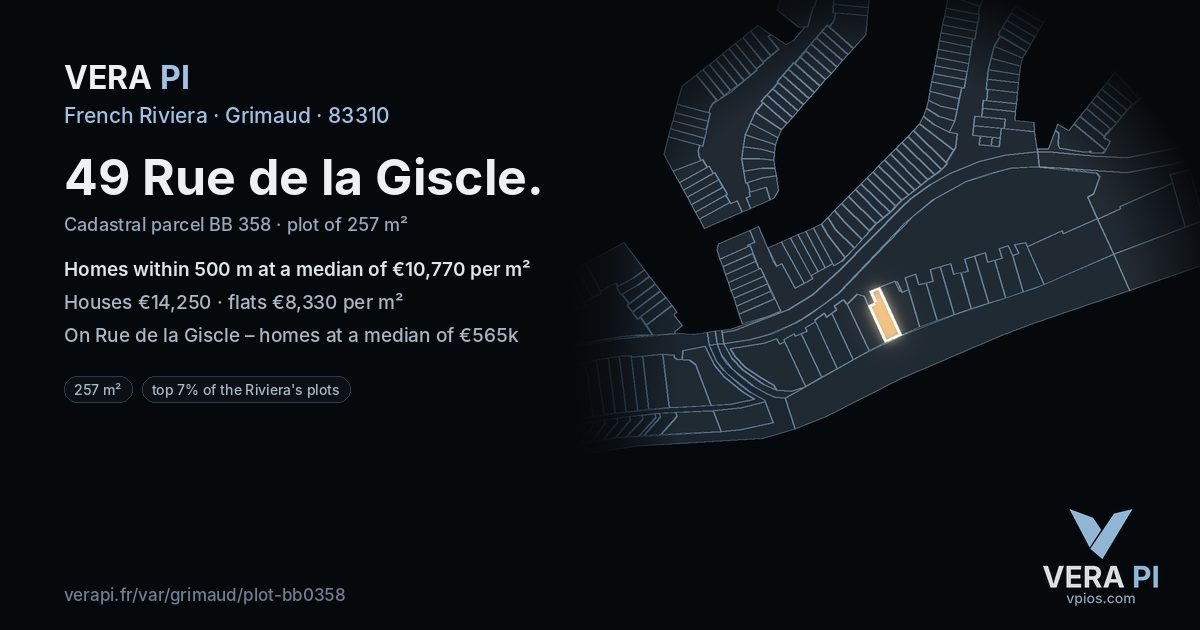 49 Rue de la Giscle, Grimaud at night – the plot lit, the parcels around coloured by the prices near them