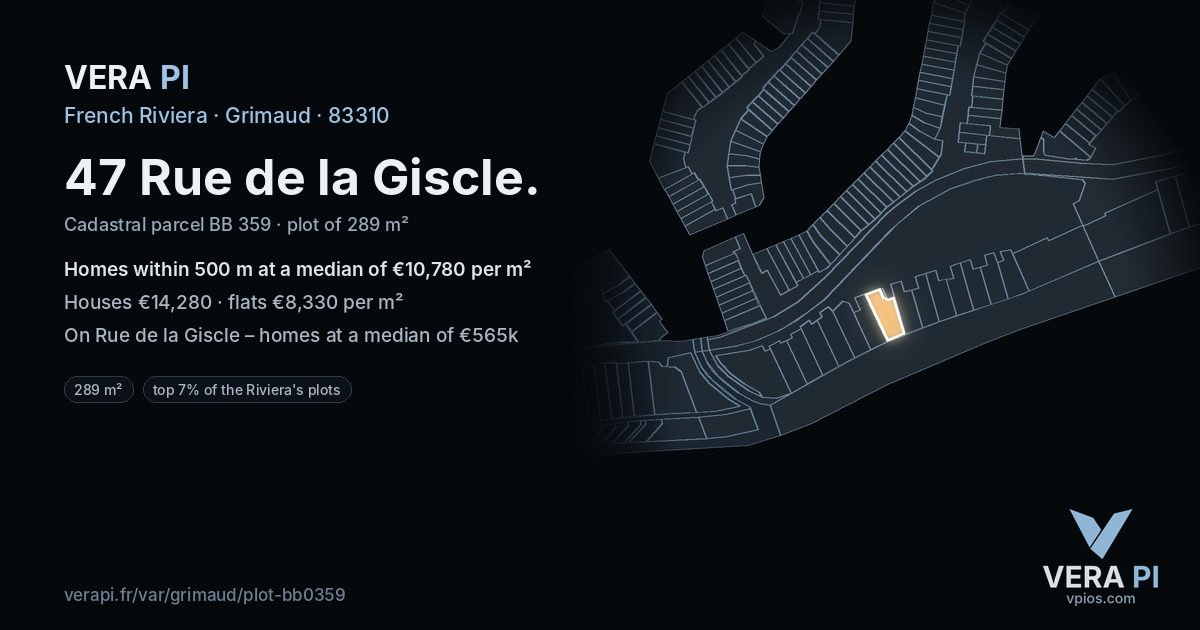47 Rue de la Giscle, Grimaud at night – the plot lit, the parcels around coloured by the prices near them
