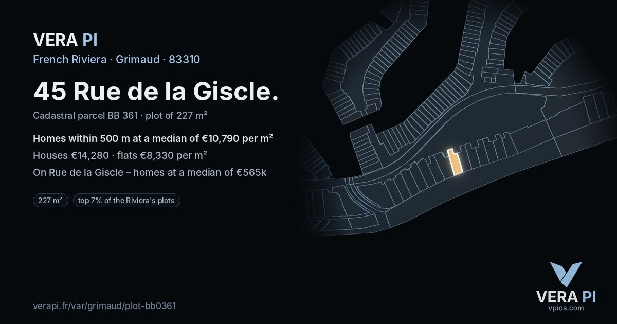 45 Rue de la Giscle, Grimaud at night – the plot lit, the parcels around coloured by the prices near them