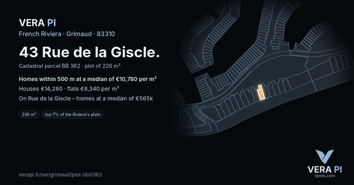 43 Rue de la Giscle, Grimaud at night – the plot lit, the parcels around coloured by the prices near them