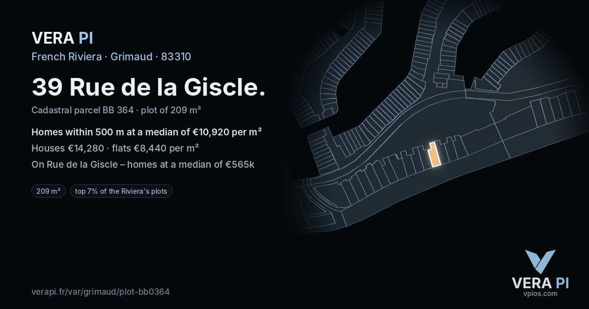 39 Rue de la Giscle, Grimaud at night – the plot lit, the parcels around coloured by the prices near them