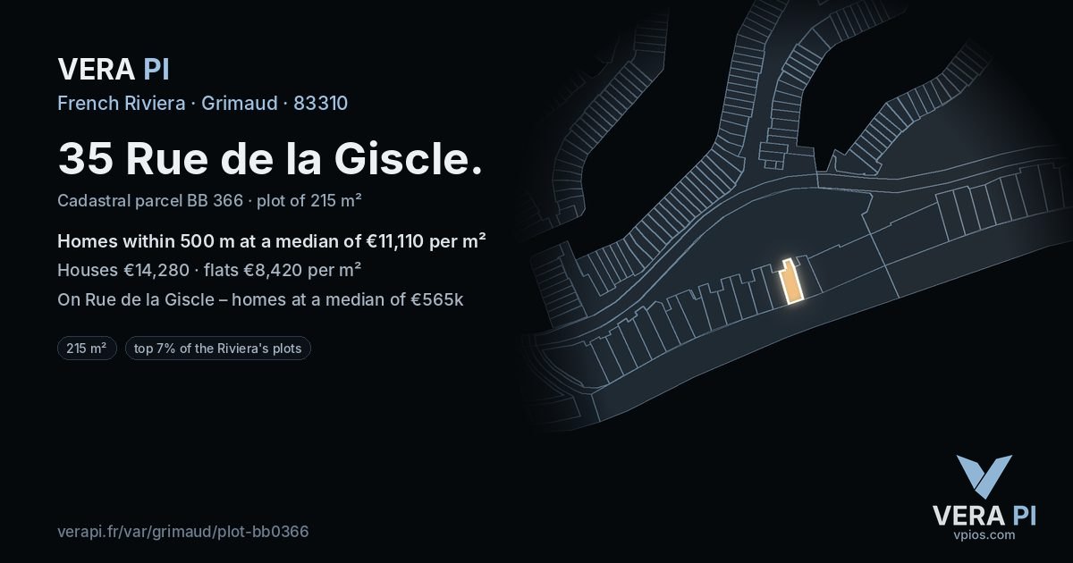 35 Rue de la Giscle, Grimaud at night – the plot lit, the parcels around coloured by the prices near them