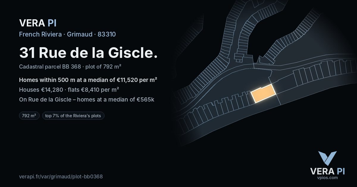 31 Rue de la Giscle, Grimaud at night – the plot lit, the parcels around coloured by the prices near them