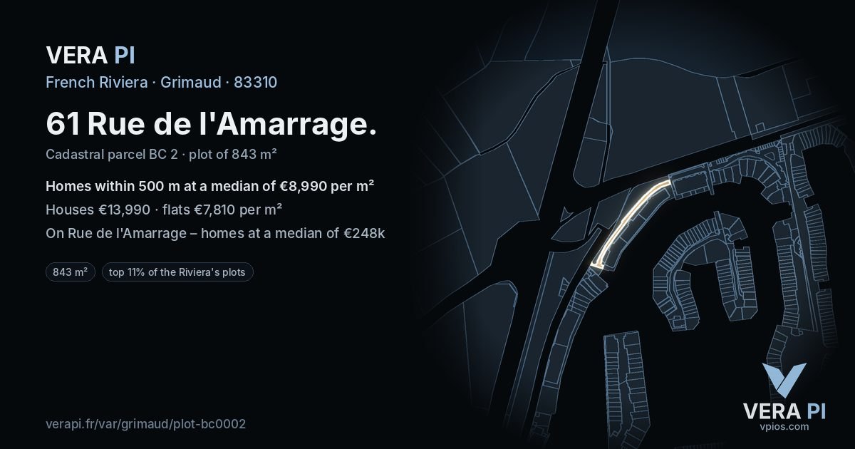 61 Rue de l'Amarrage, Grimaud at night – the plot lit, the parcels around coloured by the prices near them