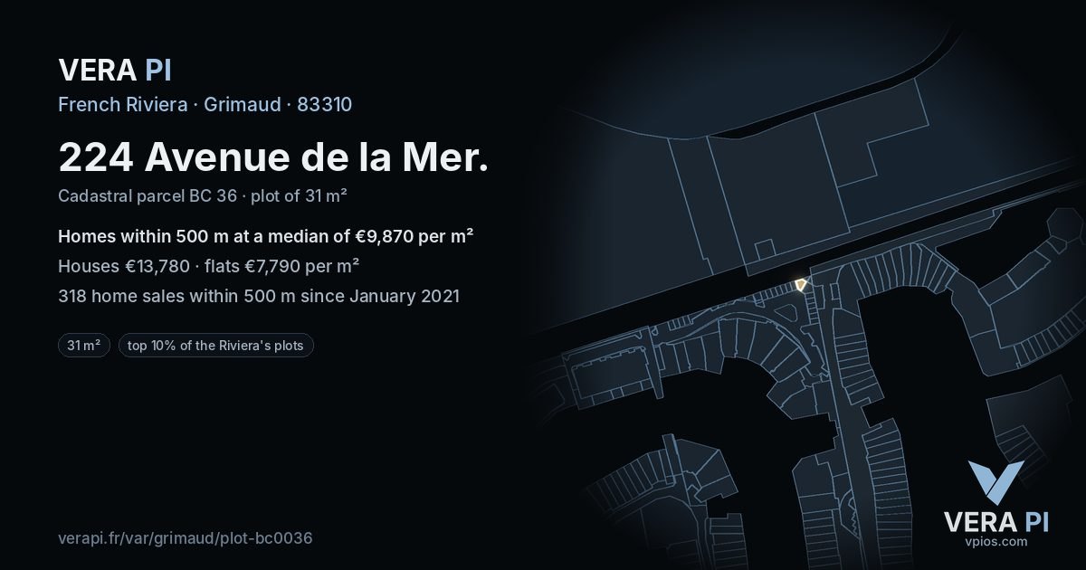 224 Avenue de la Mer, Grimaud at night – the plot lit, the parcels around coloured by the prices near them