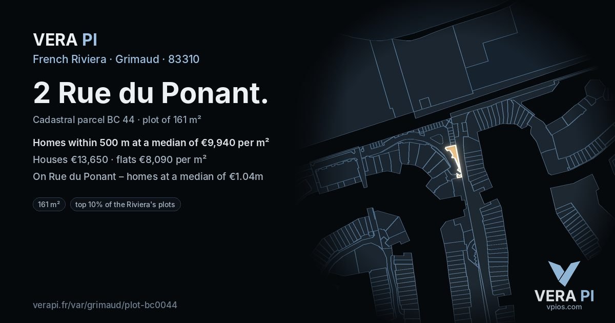 2 Rue du Ponant, Grimaud at night – the plot lit, the parcels around coloured by the prices near them