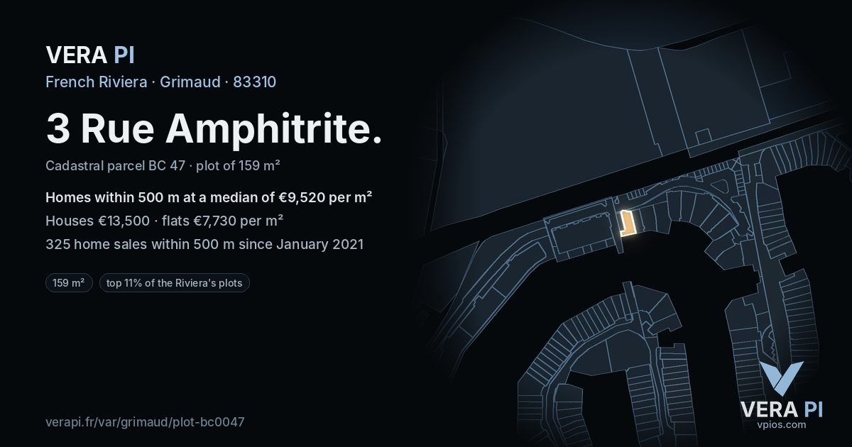 3 Rue Amphitrite, Grimaud at night – the plot lit, the parcels around coloured by the prices near them